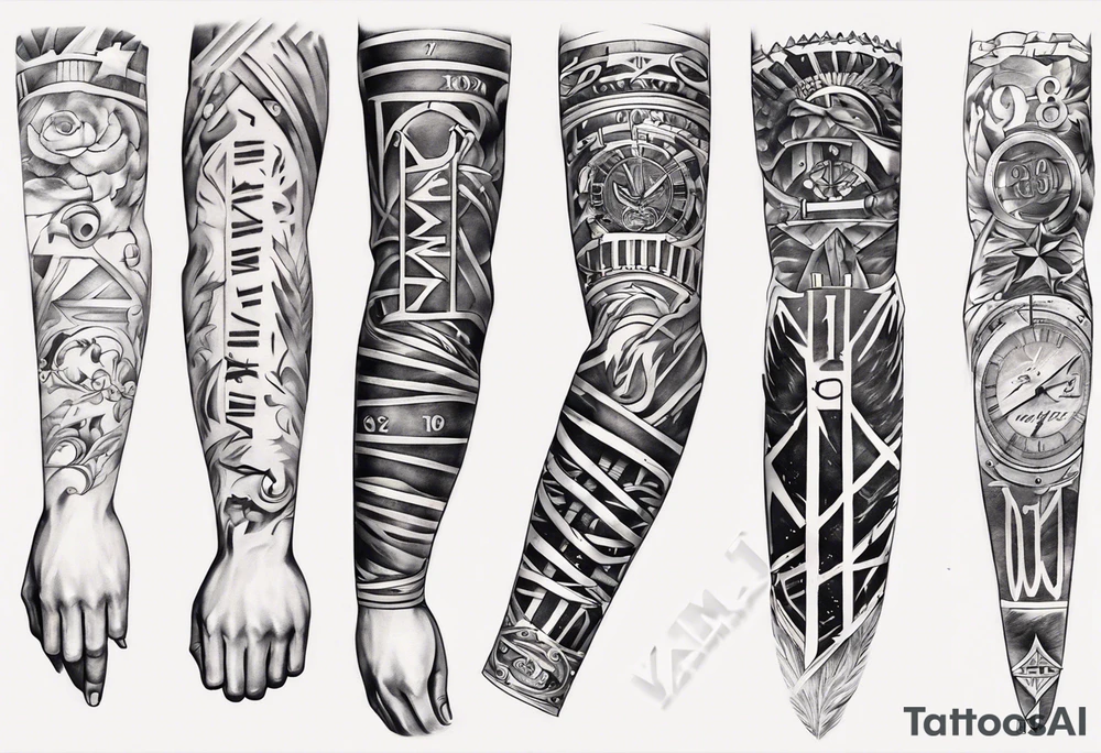 men’s arm sleeve, 1/18/70 Roman numeral, 8/31/62 Roman numeral tattoo idea