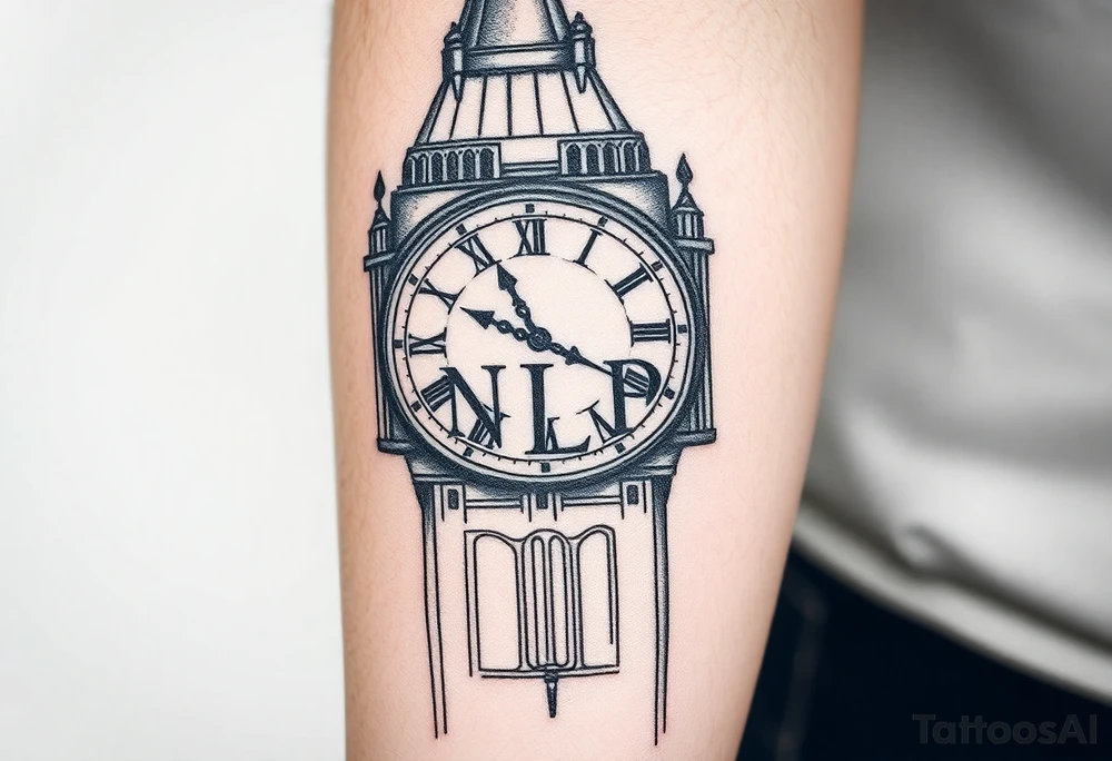 clock tower with the the word NLB tattoo idea