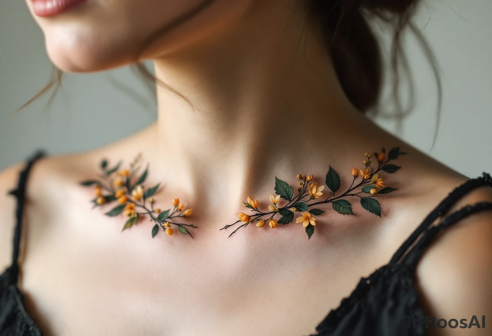 Two separate collarbone tattoos of long branches covered with orange, yellow and dark forest green leaves and flowers, academia, witchy, muted, delicate and gentle but moody, following the collarbone. More muted, not so bright, darker colors. Fewer amount of leaves, larger leaves. Less flowers and leaves. tattoo idea