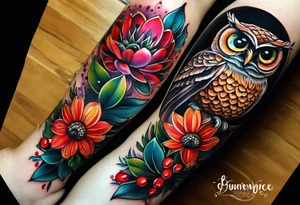 A lower forearm sleeve full colour mandala flowers, and owl, bees, pinecone, lady bugs. Moon tattoo idea