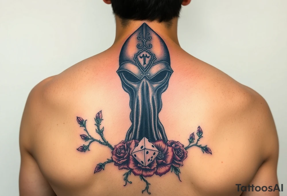 squid knight helmet combined with tree roots, cherry blossoms and roses rolling dice tattoo idea
