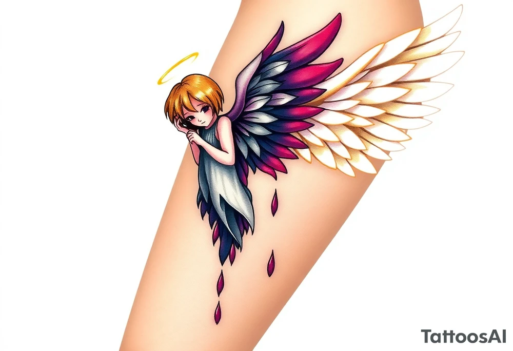 one angel, with brilliant white wings that shine with golden accents ageinst fallen angel, whose wings are tattered and darkened with deep purples, reds, and blacks, dripping with sorrowful tears of blood. tattoo idea