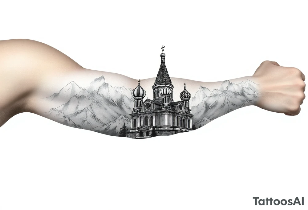 russian orthodox christian left arm tattoo with st basils cathederal in a mountainous setting tattoo idea