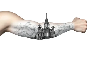russian orthodox christian left arm tattoo with st basils cathederal in a mountainous setting tattoo idea
