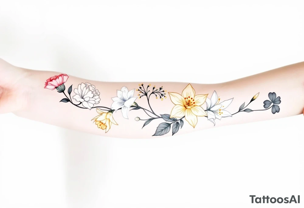 Carnation, Snowdrop, Larkspur, Water Lily, Daffodil, Clover tattoo idea