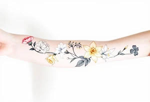 Carnation, Snowdrop, Larkspur, Water Lily, Daffodil, Clover tattoo idea