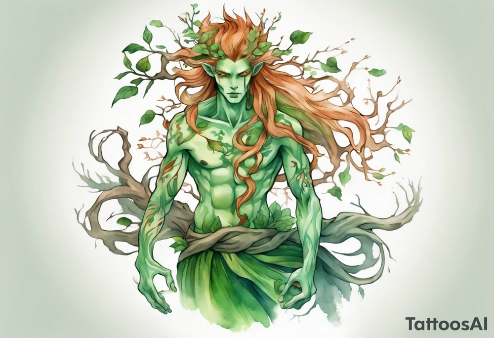 a slender and beautiful male dryad with green skin and long copper hair and roots instead of feet tattoo idea