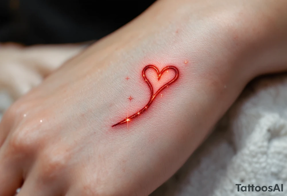 The symbol of love rune is etched into ancient stone, with glowing soft red accents that highlight the edges. A gentle mist surrounds the rune, adding to its ethereal appearance, and delicate silver stars enhance its cosmic energy. tattoo idea