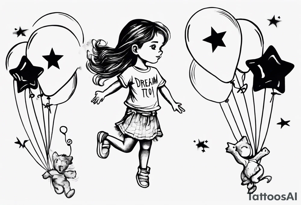 Little girl holding on to heart and star balloons and wearing a T-shirt saying ‘dream’ , going up to the sky tattoo idea