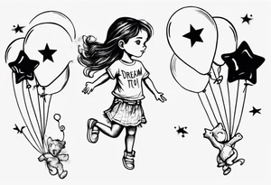 Little girl holding on to heart and star balloons and wearing a T-shirt saying ‘dream’ , going up to the sky tattoo idea
