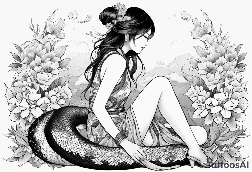 a profile of a girl sitting sideway, sitting on a asian snake surrounded by flowers tattoo idea