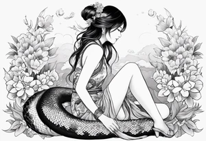 a profile of a girl sitting sideway, sitting on a asian snake surrounded by flowers tattoo idea