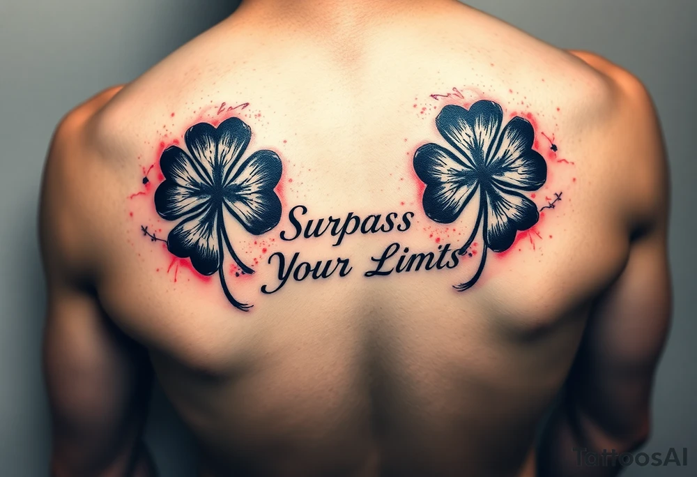 Black 5 leaf clovers ( with red aura ) surrounding the words “ Surpass Your Limits” FOREARM tattoo inspired by Black Clover anime tattoo idea
