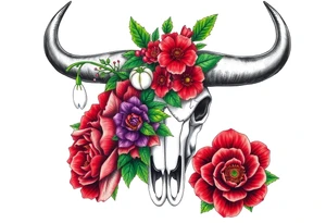Buffalo or bison skull with flowers. Snow drop and red peony. Green holly with red berries, purple larkspur, red peony.  Colour. For upper arm or shoulder. Masculin. tattoo idea