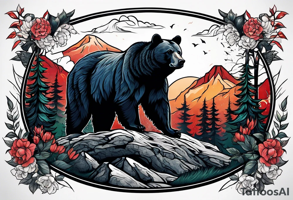 black bear mountain forest tattoo idea