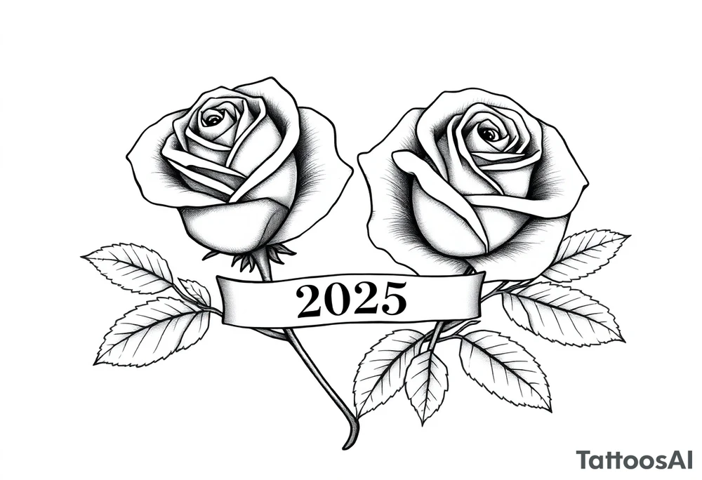two beautiful large rose buds, one larger than the other, with lots and lots of leaves next to the rose buds, with one sitting slightly higher than the other, side-by-side.  Include a banner connecting the two roses with the year 2025 on it.   Use dark outlines with little shading. No stems tattoo idea