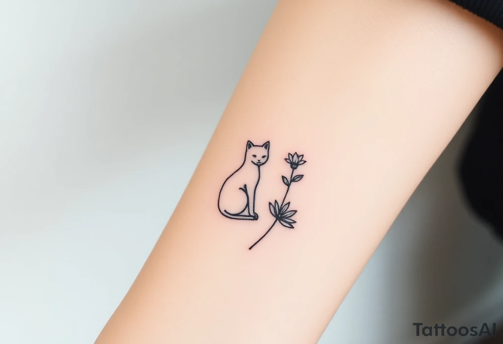 Line tattoo of a cat figure combining into a flower stem with a cute flower tattoo idea
