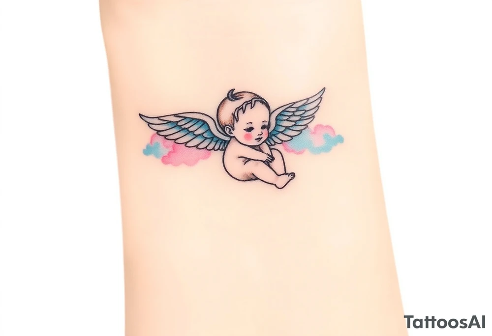 Winged baby, blue and pink watercolor, clouds tattoo idea