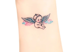 Winged baby, blue and pink watercolor, clouds tattoo idea