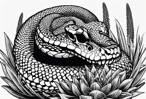 Western diamond back rattlesnake coming through a skull located in the desert with agave plants and scorpions tattoo idea