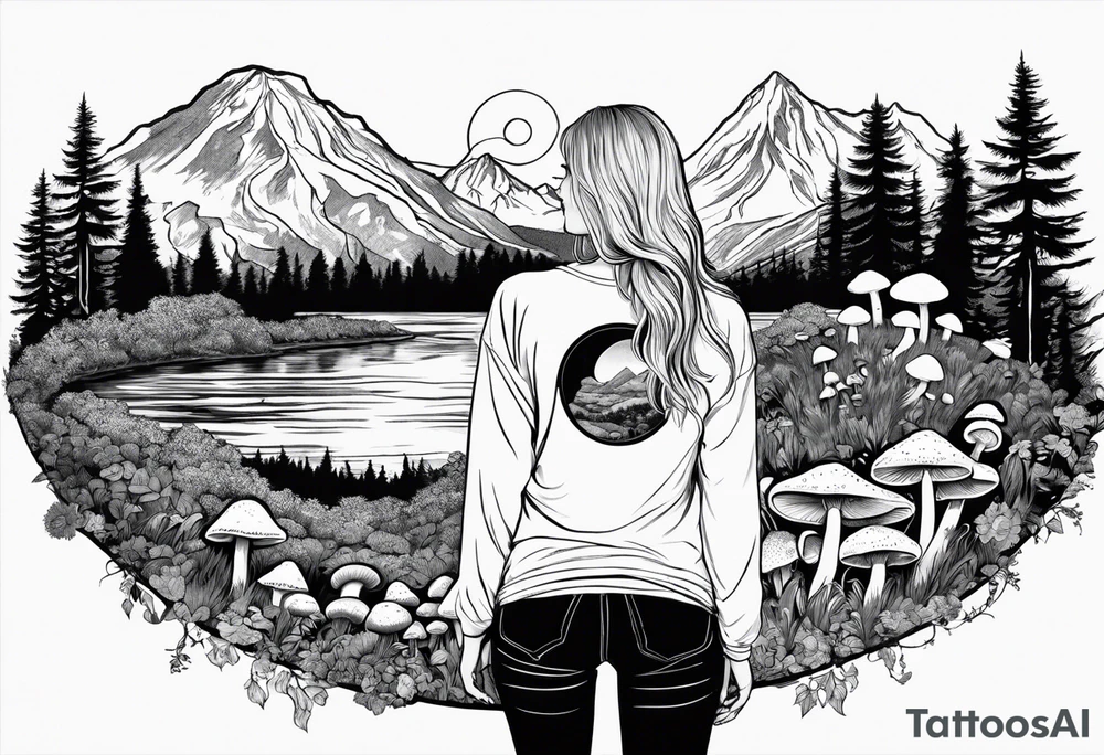 Whole picture encircled fully

Straight long blonde hair hippie girl in distance holding mushrooms in hand facing away toward mountains and creek surrounded by mushrooms long sleeve shirt and hiking pants; whole rendering within a full circle, no cut off circle tattoo idea