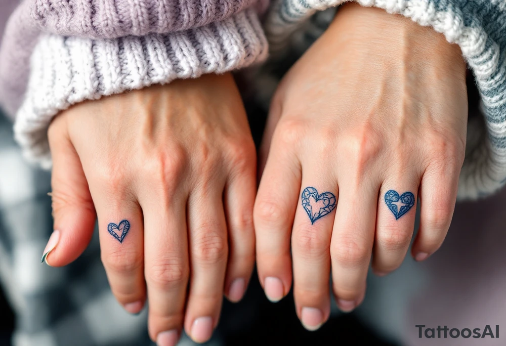 Matching tiny navy-blue heart tattoos on ring fingers of each partner tattoo idea