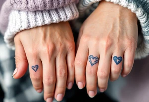 Matching tiny navy-blue heart tattoos on ring fingers of each partner tattoo idea