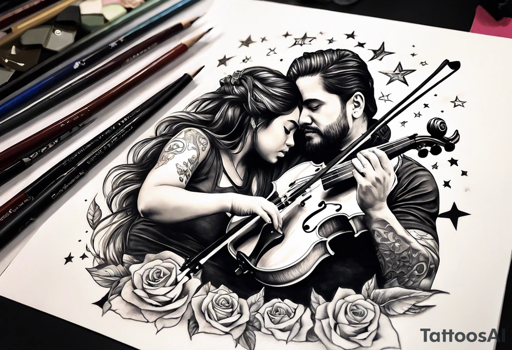 Si hay ángeles si hay violines, si hay estrellas baby ahi estaré.(quote)  Tattoo of father holding his daughter. (RIP) Daddy loved music tattoo idea