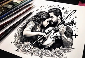 Si hay ángeles si hay violines, si hay estrellas baby ahi estaré.(quote)  Tattoo of father holding his daughter. (RIP) Daddy loved music tattoo idea