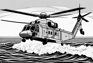 canadian military grey helicopter cyclone CH-148, a helicopter flying over rough water, Clear sky, sunset
, military art, ocean specular, highly detailed background, poppy flower tattoo idea