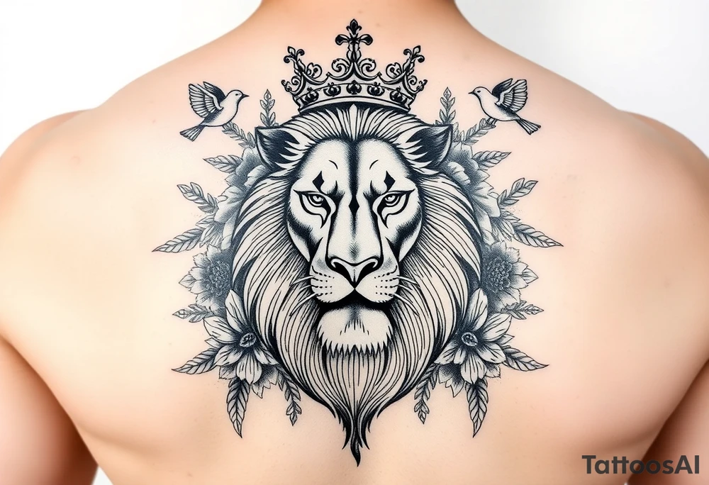 powerful majestic lion with a crown, surrounded by floral ornaments and birds tattoo idea