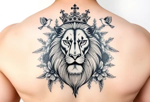 powerful majestic lion with a crown, surrounded by floral ornaments and birds tattoo idea