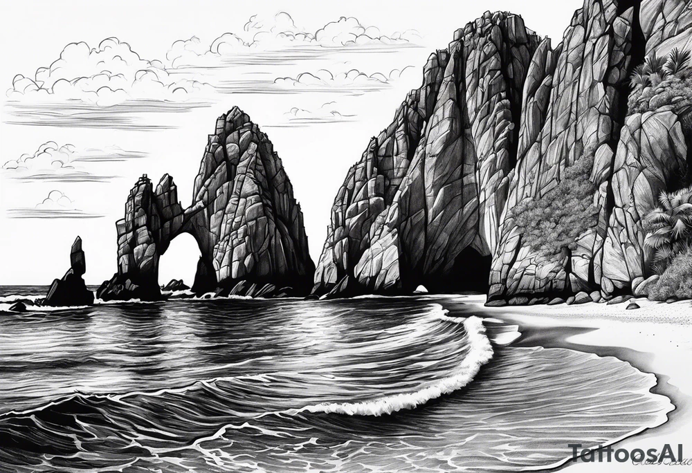 Cabo San Lucas beach with the famous rock formation overlooking ocean tattoo idea