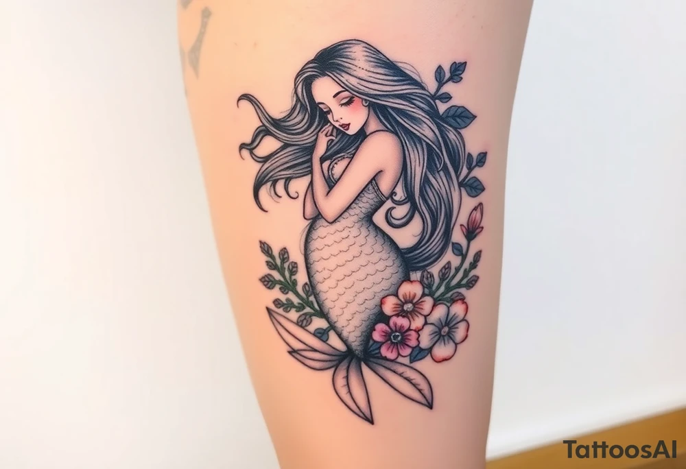 ethereal mermaid with flowing hair among coral and sea flowers tattoo idea