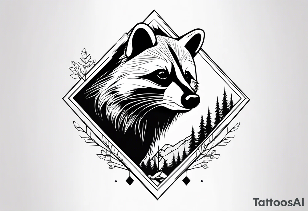 Raccoon in nature in shape of long diamond tattoo idea