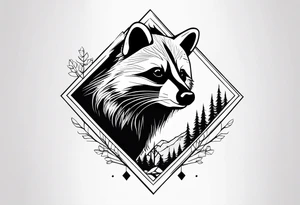 Raccoon in nature in shape of long diamond tattoo idea