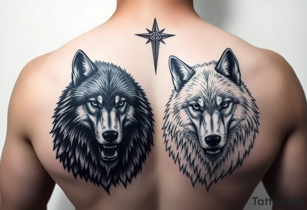 2 wolves- good and evil . Full body of wolf black wolf white wolf tattoo idea