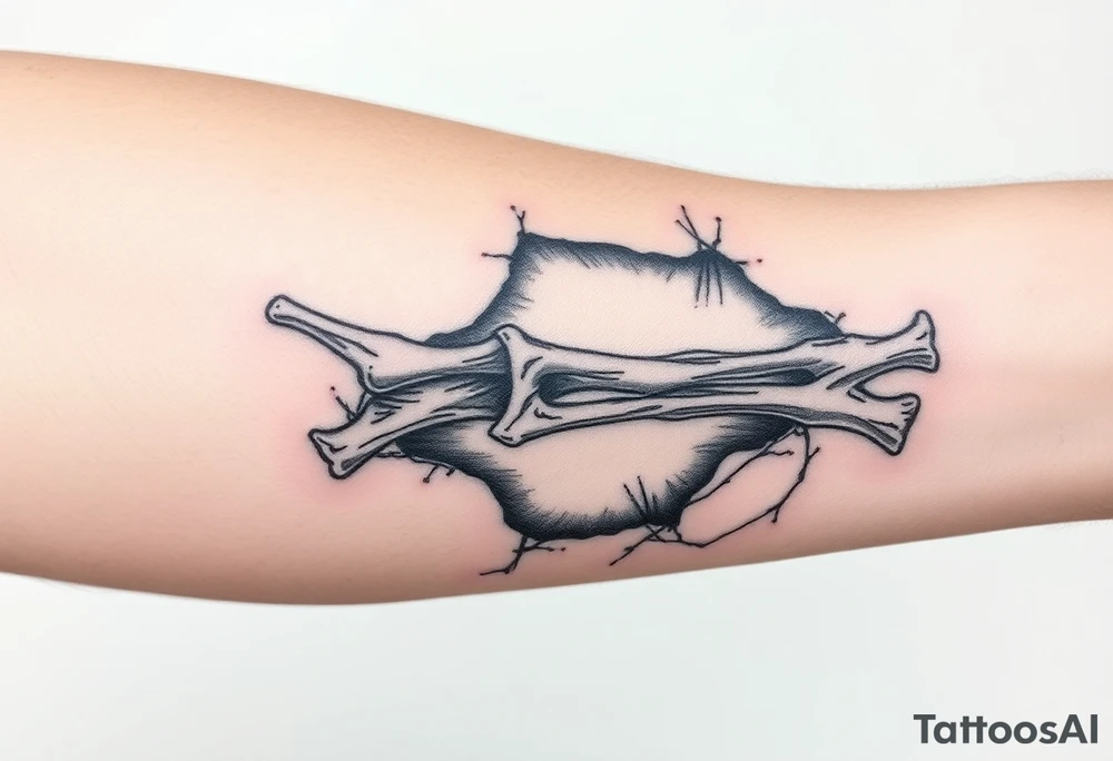 Forearm bones visible thru ripped skin and tissue tattoo idea