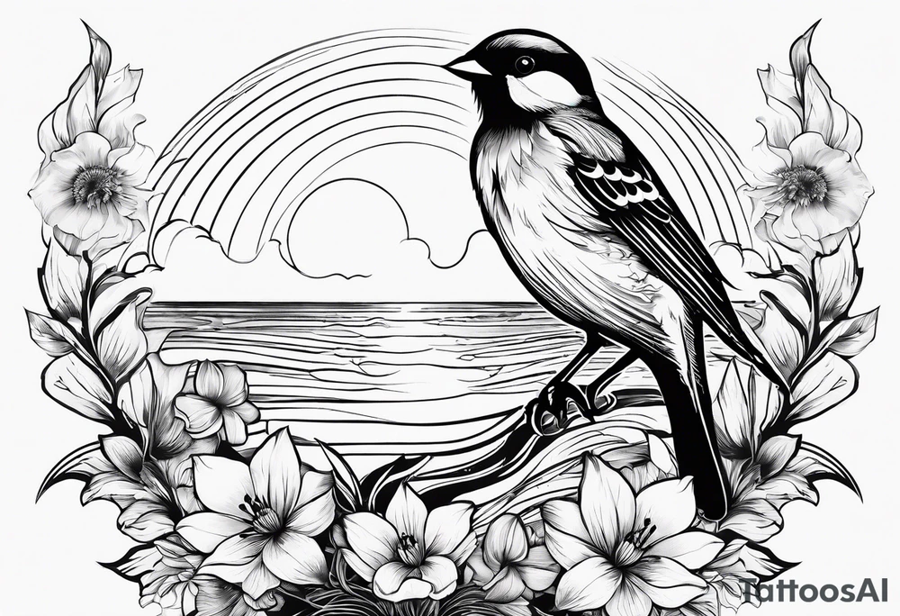 mens neck sleeve sparrow, om symbol, cosmos, iris, daisy, sun rays clouds tattoo idea