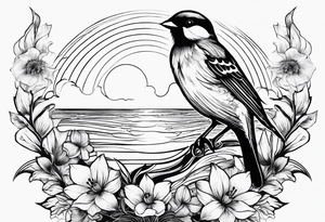 mens neck sleeve sparrow, om symbol, cosmos, iris, daisy, sun rays clouds tattoo idea
