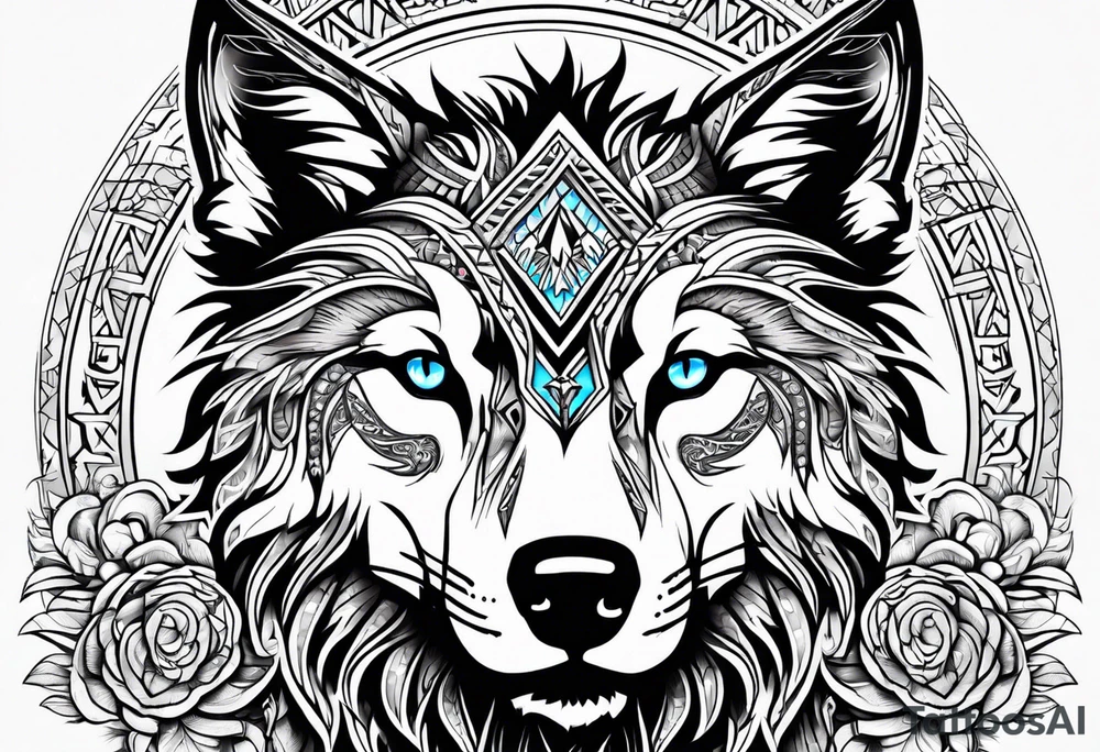 Wolf with light blue eyes between tribal figures tattoo idea
