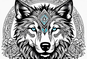 Wolf with light blue eyes between tribal figures tattoo idea