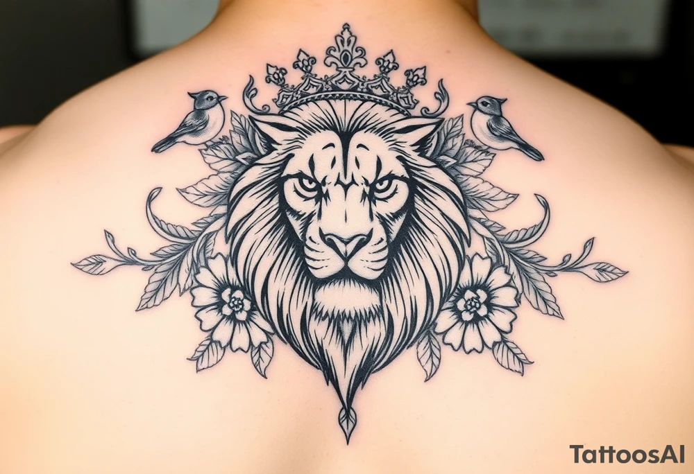 powerful majestic lion with a crown, surrounded by floral ornaments and birds tattoo idea