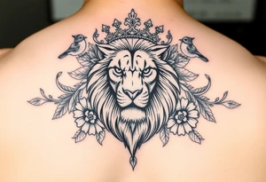 powerful majestic lion with a crown, surrounded by floral ornaments and birds tattoo idea