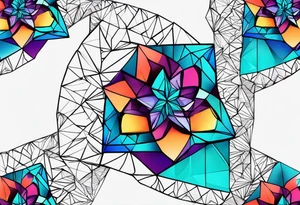 Relógio de areia com detalhes geométricos e uma areia colorida em tons degradê de azul, turquesa e violeta tattoo idea