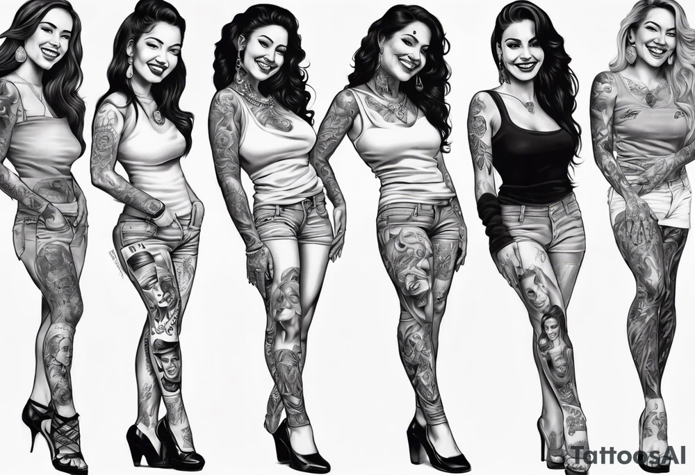 Chicano style woman smiling street photorealism arm sleeve tattoo idea