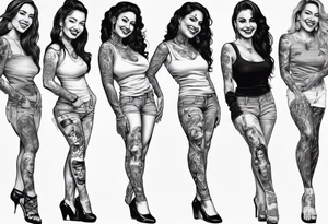 Chicano style woman smiling street photorealism arm sleeve tattoo idea