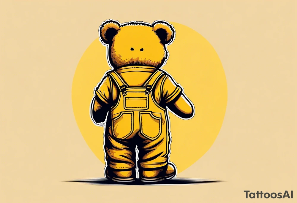 image of the back of a light brown teddy bear standing in yellow overalls, striped tank top and wearing boots and holding the hand of a little girl tattoo idea