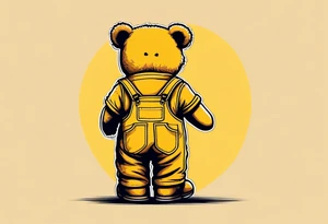 image of the back of a light brown teddy bear standing in yellow overalls, striped tank top and wearing boots and holding the hand of a little girl tattoo idea