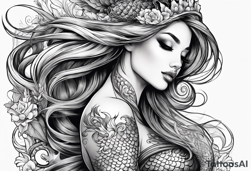 sexy full bodied mermaid with flowing tail and hair, tattoo sleeve tattoo idea
